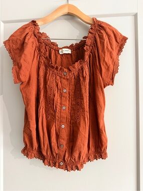 Lucky Brand Rust Orange Button-Front Eyelet Blouse